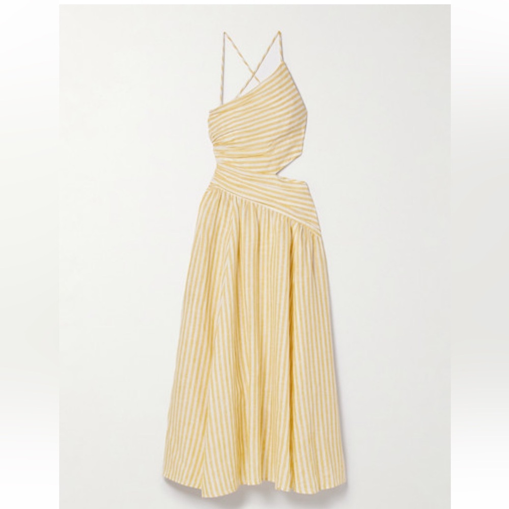 Zimmermann Cascadian Cutout Ruched Striped Linen Midi Dress